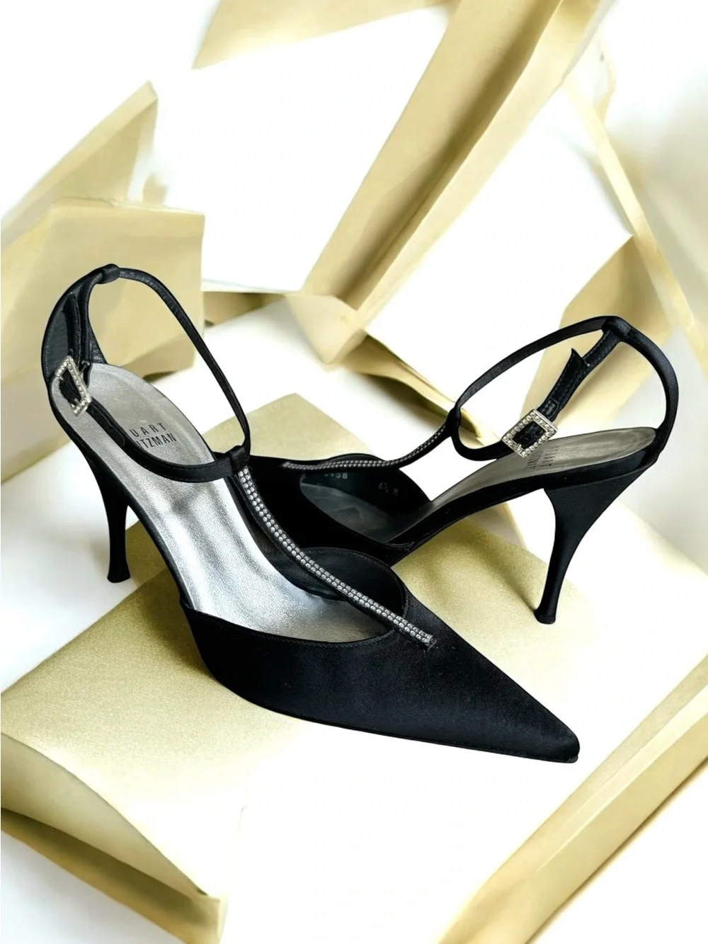 Stuart Weitzman Embellished Black Satin Pumps